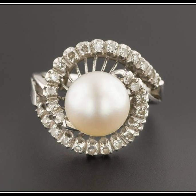 Vintage Pearl and Diamond Ring | 18k White Gold Pearl Ring 