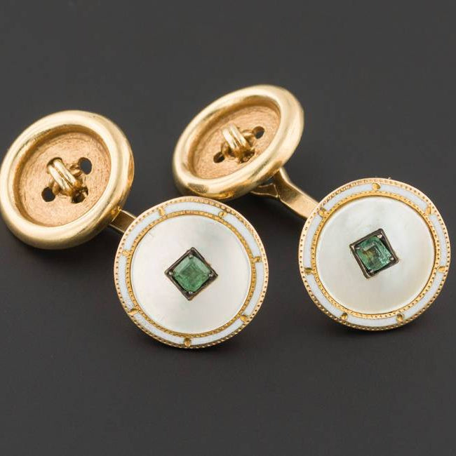 Art Deco Enamel and Emerald Cufflinks | 14k Gold Cufflinks | Vintage Art Deco Cufflinks | Enamel & Mother of Pearl Cufflinks | Men&#39;s Jewelry