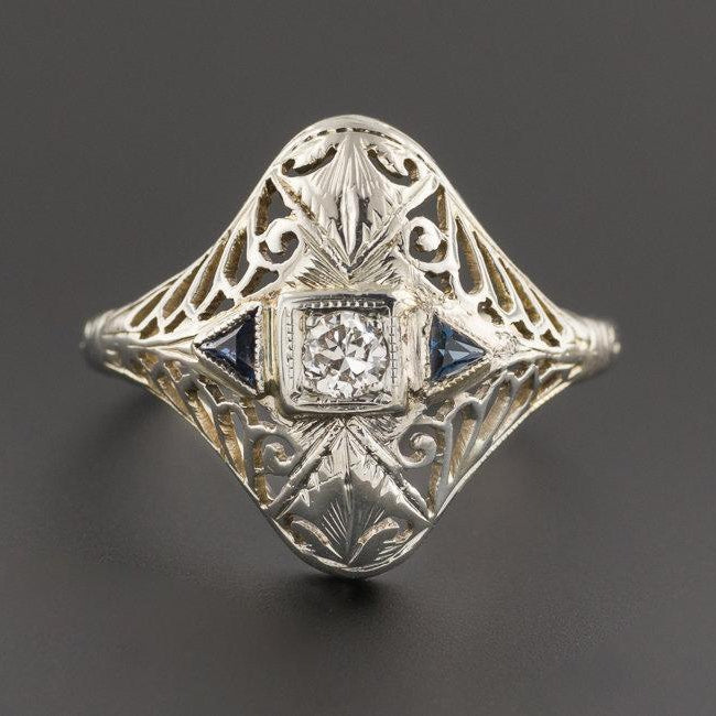 Art Deco Filigree Diamond Ring | Vintage Diamond & Synthetic Sapphire Ring | 18k White Gold Ring | Vintage Ring | Filigree Ring