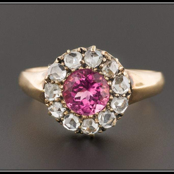 Antique Tourmaline and Diamond Halo Ring | Antique Ring | 14k Gold Ring | Tourmaline Ring | 14k Gold Pink Tourmaline Ring