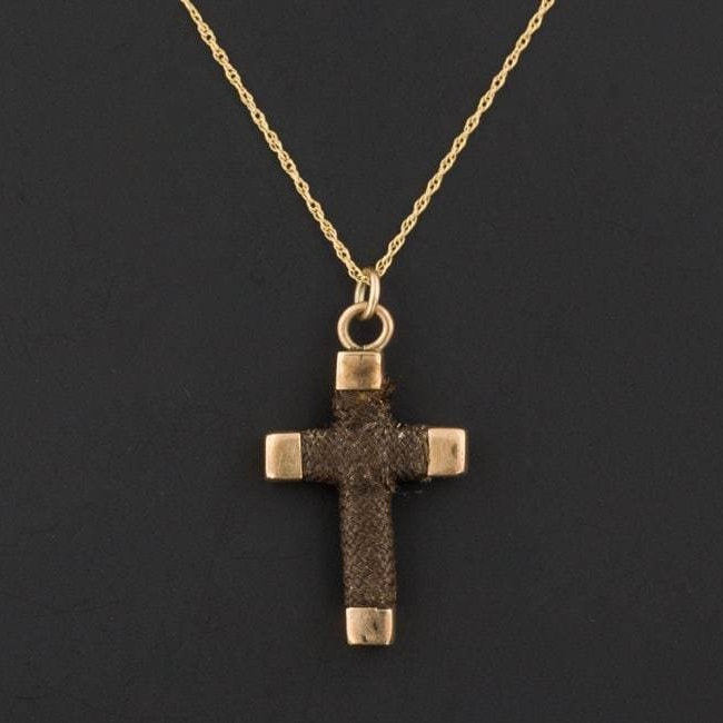 Antique Victorian Cross Pendant Necklace | Antique 10k Gold Cross of Woven Hair 