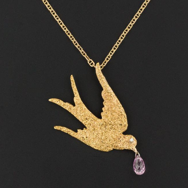 Vintage Gold Nugget Swallow Bird Necklace | Vintage Pin Conversion Necklace-Trademark Antiques