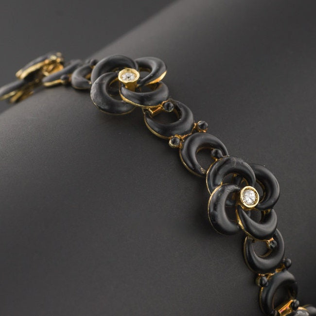 14k Gold Black Enamel Love Knot Bracelet | Antique Love Knot Bracelet 
