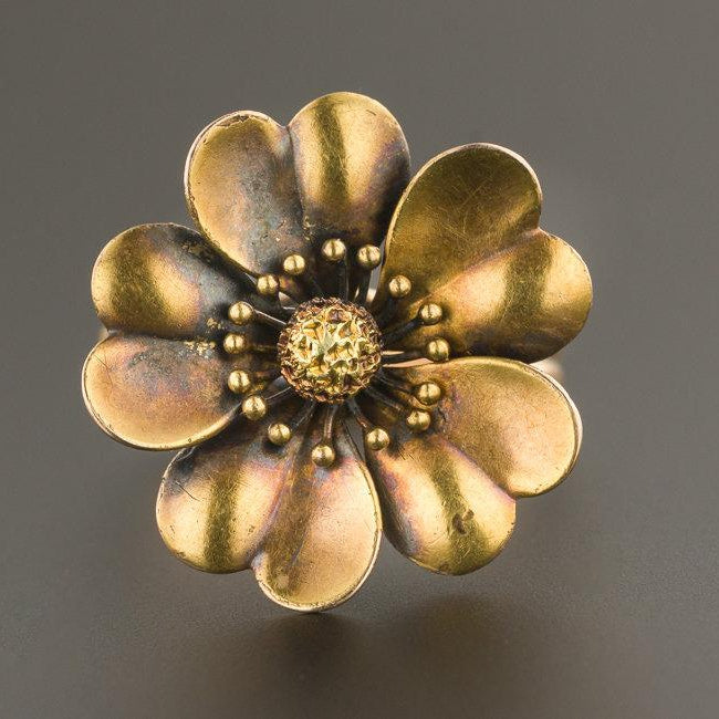 14k Gold Flower Ring | Antique Pin Conversion Ring | Gold Ring | Antique Flower Ring | 14k Gold Statement Ring