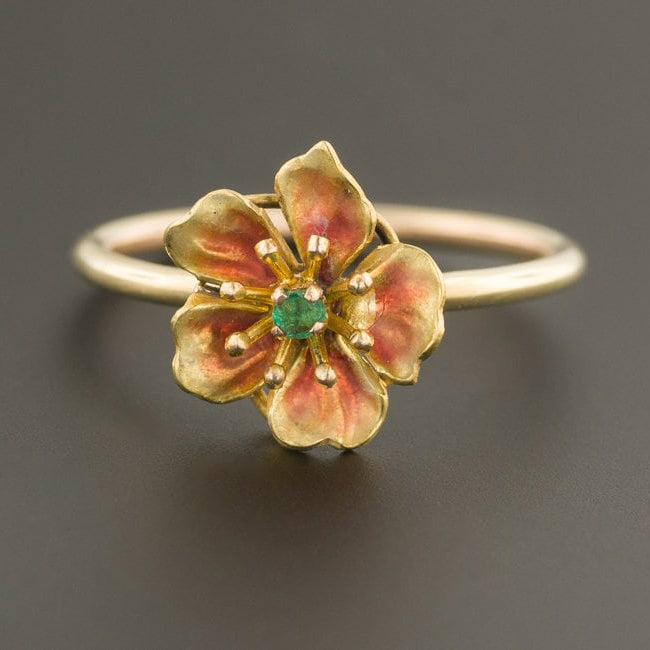 Antique Emerald & Enamel Flower Conversion Ring of 10k Gold