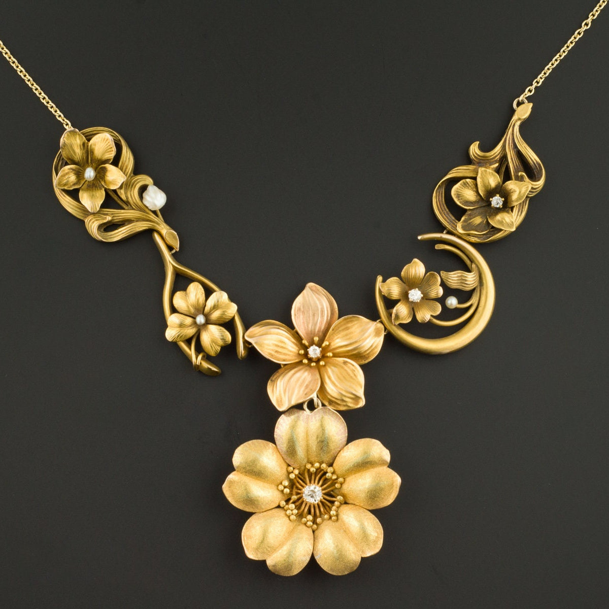 Art Nouveau Gold Flower Necklace | 10k and 14k Gold Statement Necklace 