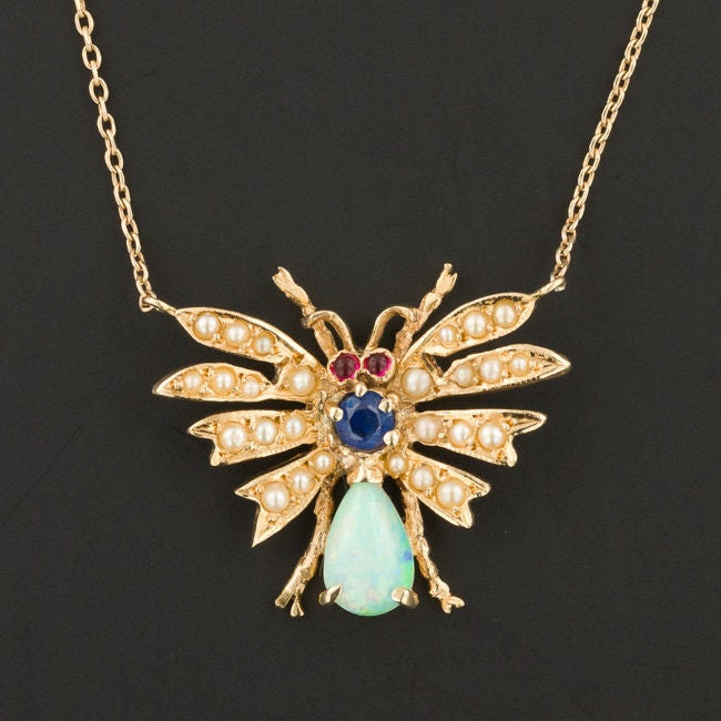 Gemstone Bug Necklace | Opal Pearl & Sapphire Butterfly Necklace 