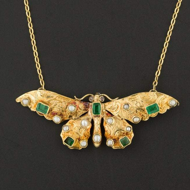 Antique Butterfly Necklace | Brooch Conversion Necklace | 14k Gold Butterfly on 18k Chain | Pearl & Green Glass Necklace | Gold Necklace