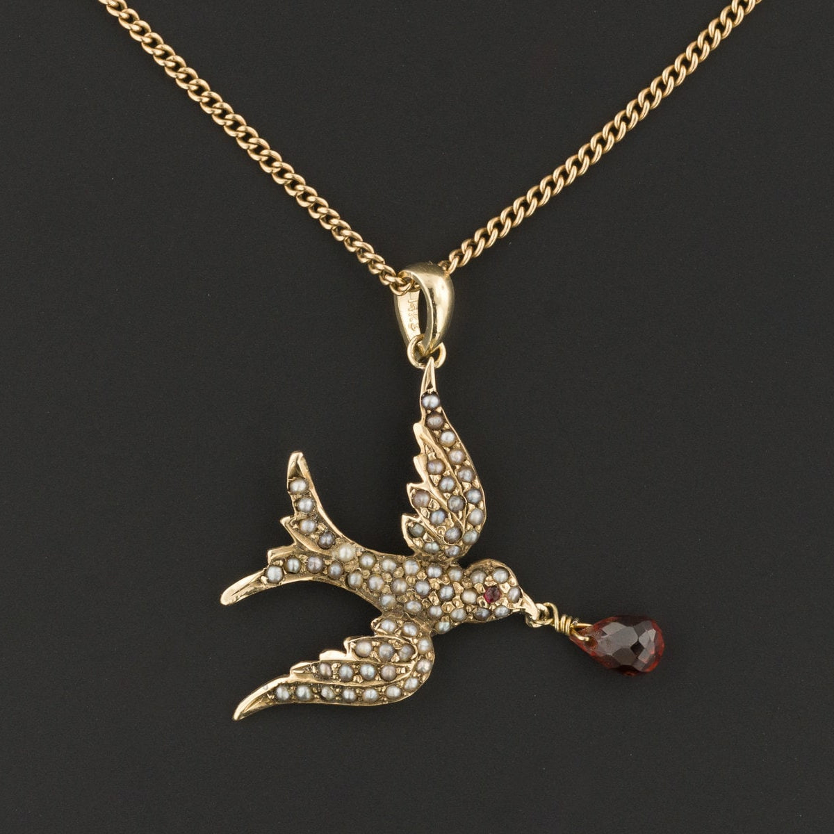 Swallow Pendant | Antique Pearl Swallow with Garnet 