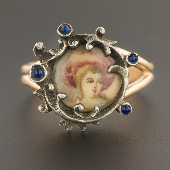 Antique Miniature Portrait Ring | Silver Topped 14k Yellow Gold Ring | Antique Pin Conversion Ring | Hand Painted Miniature