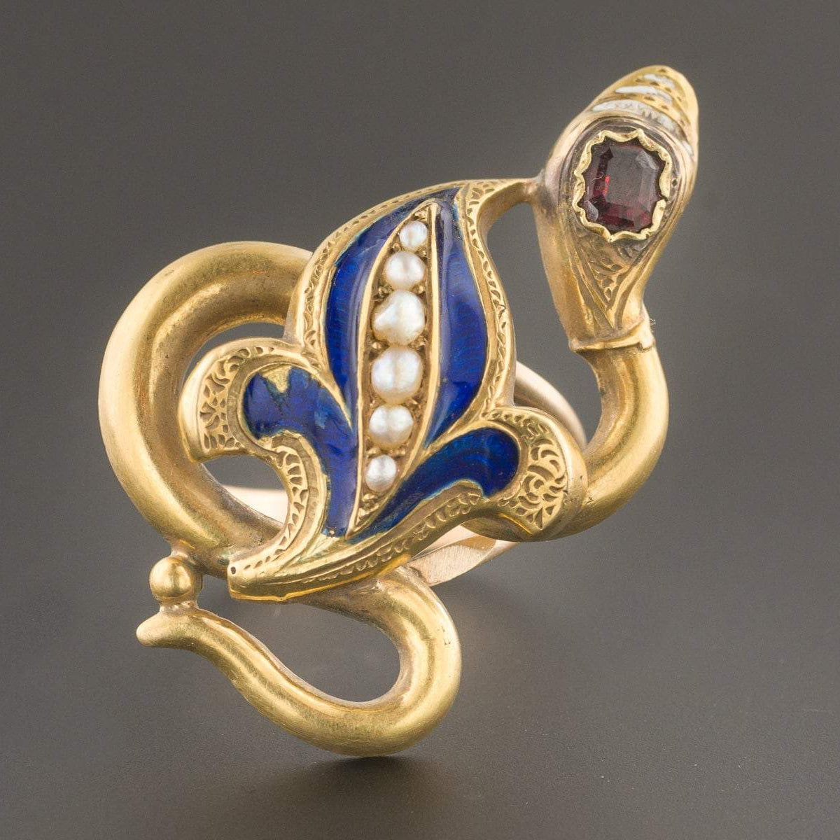 Snake Ring | Antique Snake Ring with Garnet Enamel & Pearl 