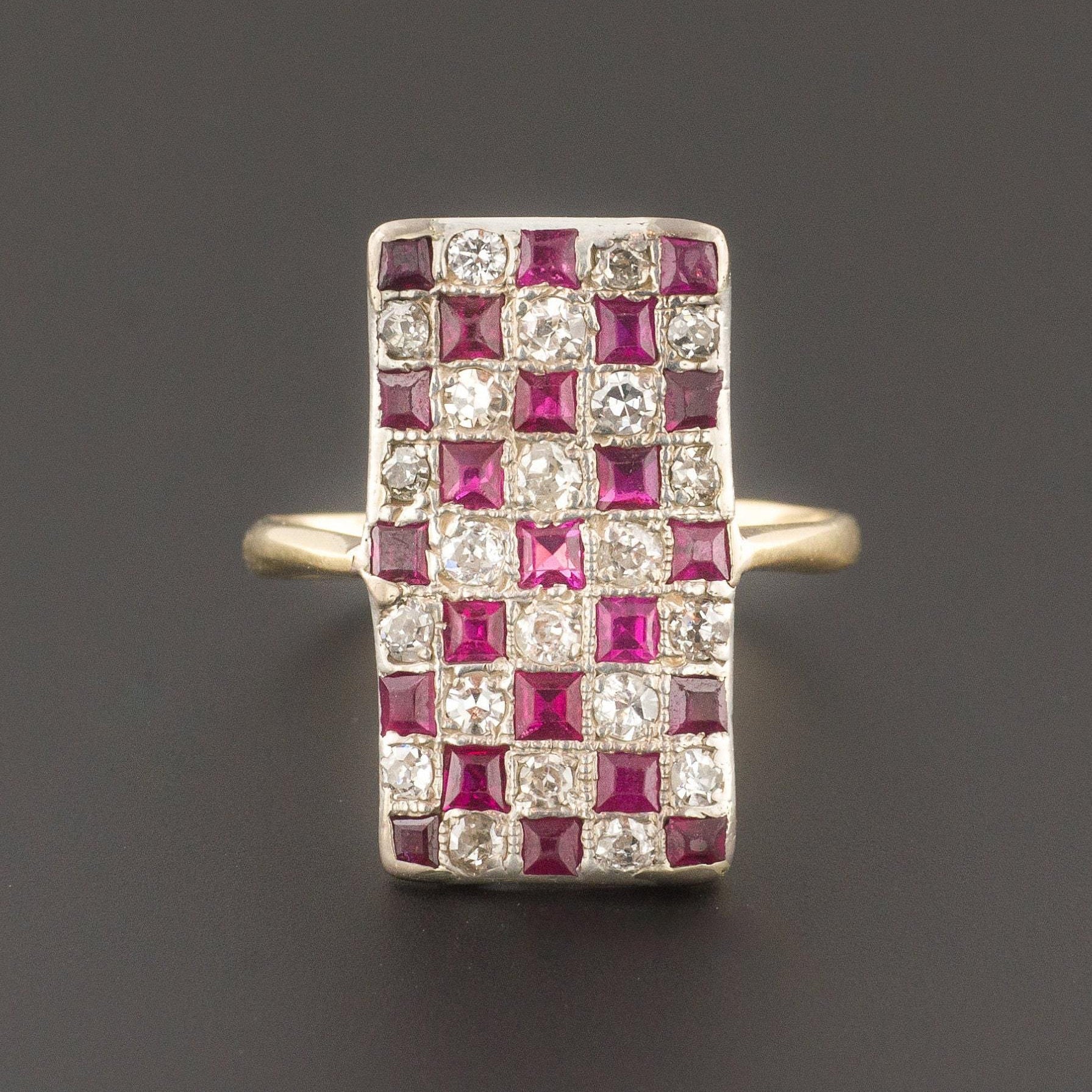 Ruby & Diamond Checkerboard Ring | Antique Ring 