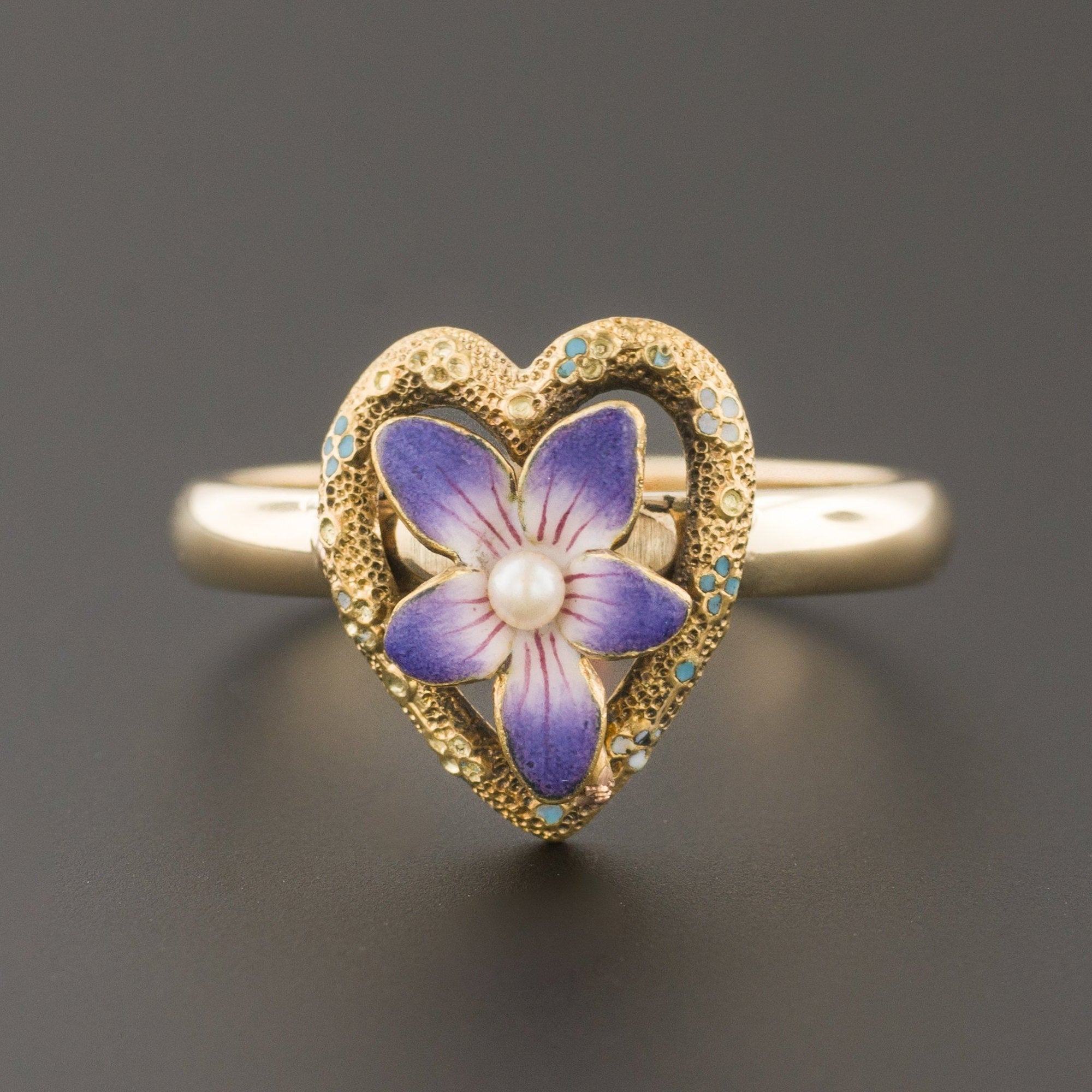 Violet Heart Ring | Pin Conversion Ring | Antique Enamel Flower Ring | 14k Gold Ring | Violet Ring