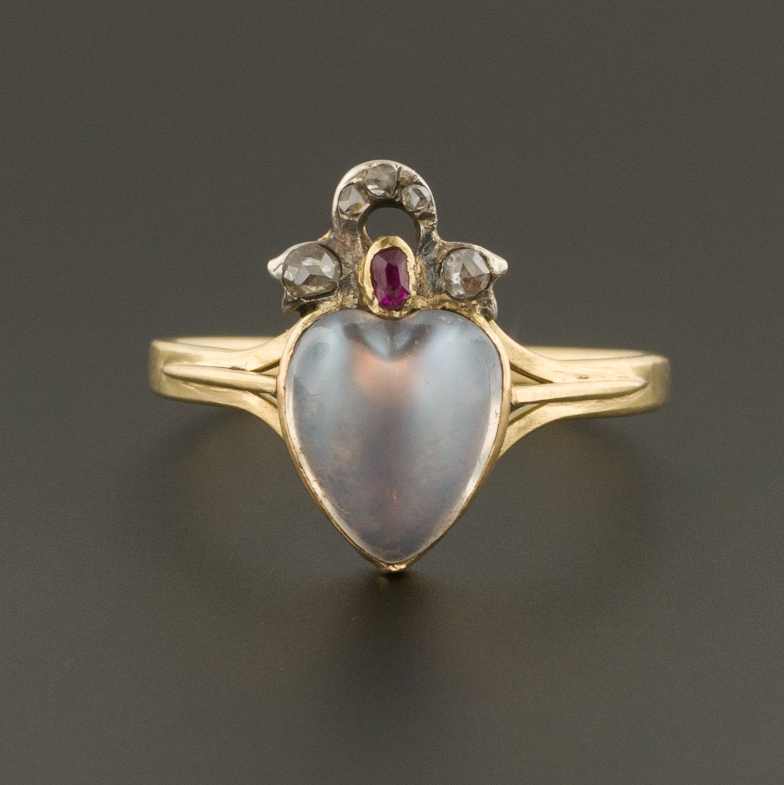 Antique Moonstone Heart Ring | Moonstone Diamond & Ruby Ring | 18k Gold Ring | Pin Conversion | Love Token Ring