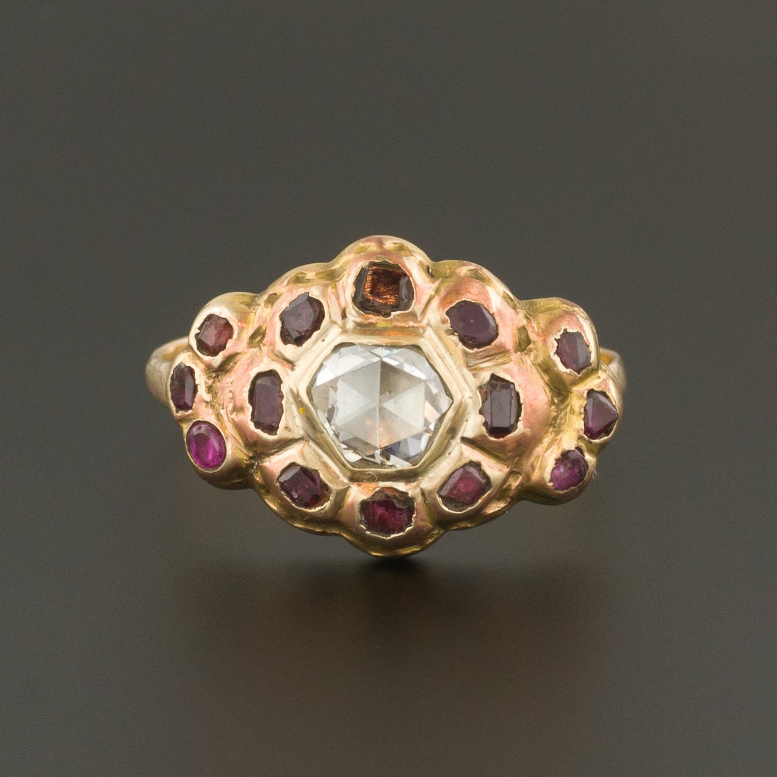 Antique 18th Century Iberian Diamond & Red Spinel Ring | Antique Ring | Rosecut Diamond Ring | 14k Gold