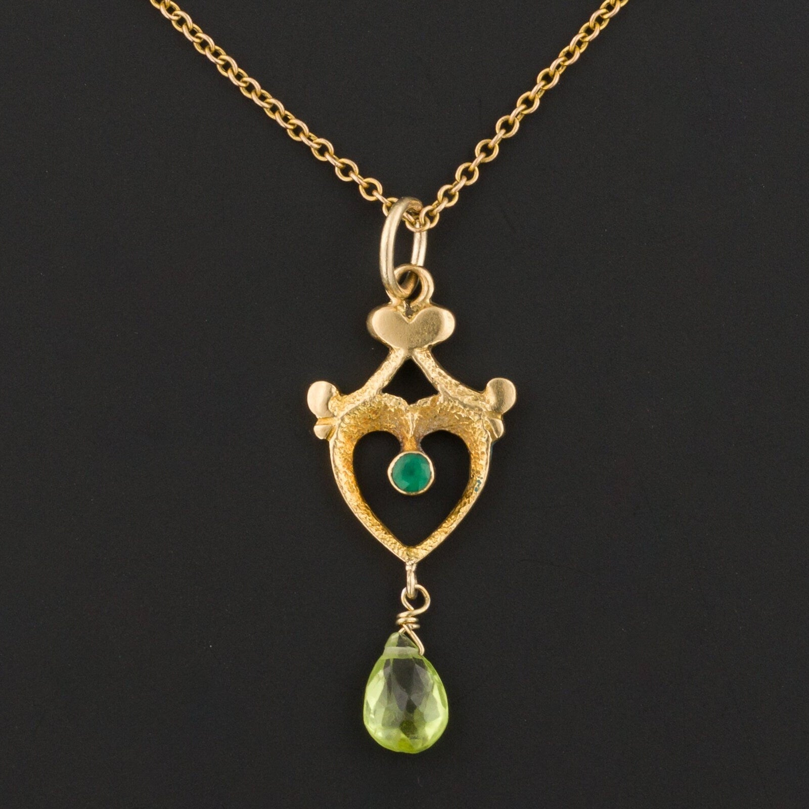 Lavalier Pendant | 18k Gold Peridot & Green Glass Pendant on Optional 10k Chain 