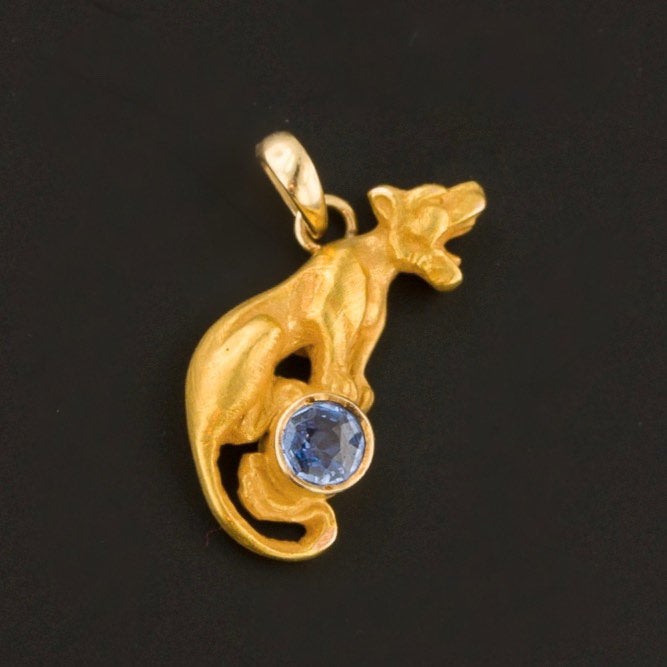 Sapphire Panther or Lioness Charm | 14k Gold Charm | Antique Pin Conversion