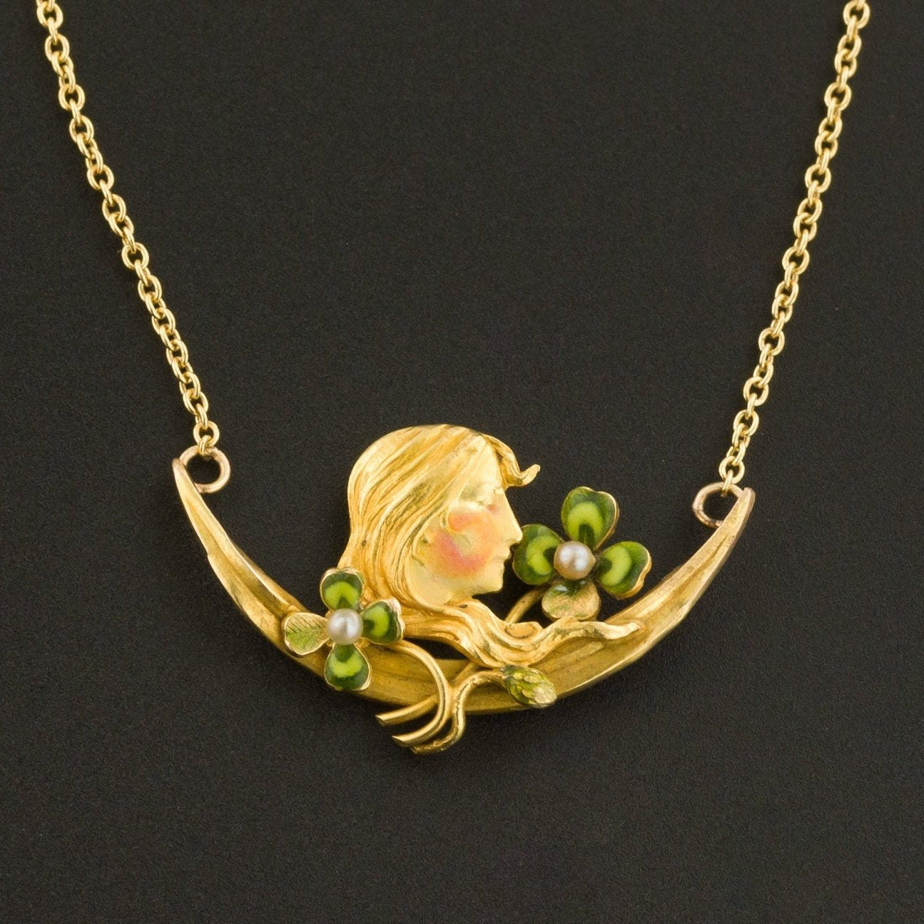 Art Nouveau Woman with Clovers Necklace | 14k Gold Necklace-Trademark Antiques