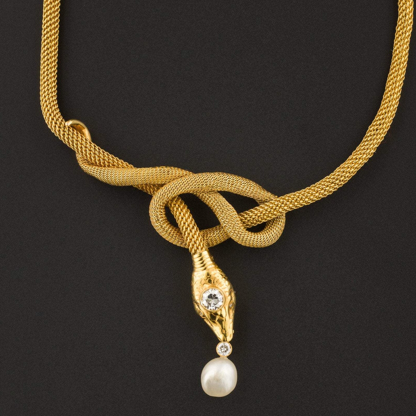 Vintage Snake Necklace | Diamond & Pearl Snake Necklace | 18k Gold Necklace