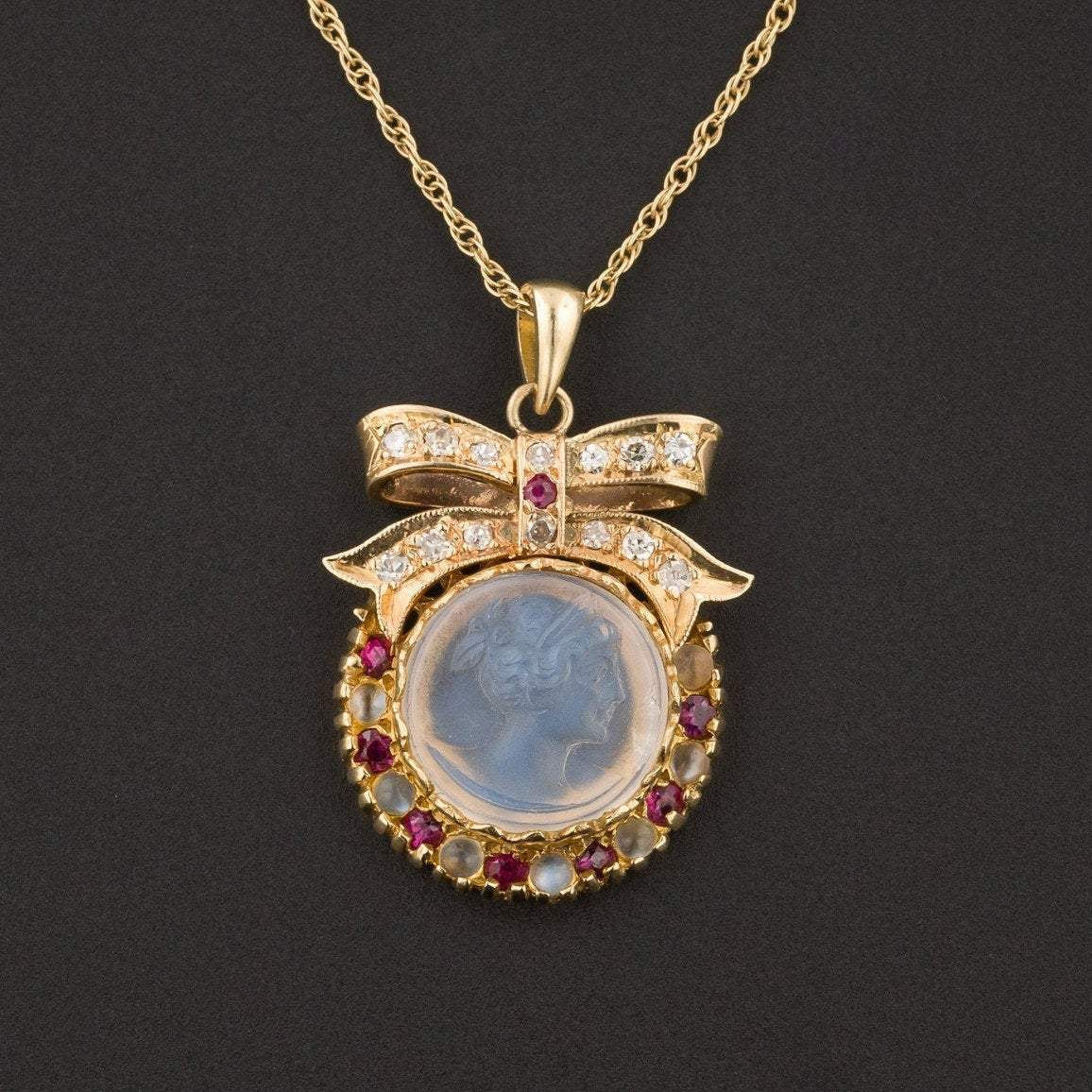 Moonstone Cameo Necklace | Moonstone Diamond & Ruby Pendant Necklace-Trademark Antiques