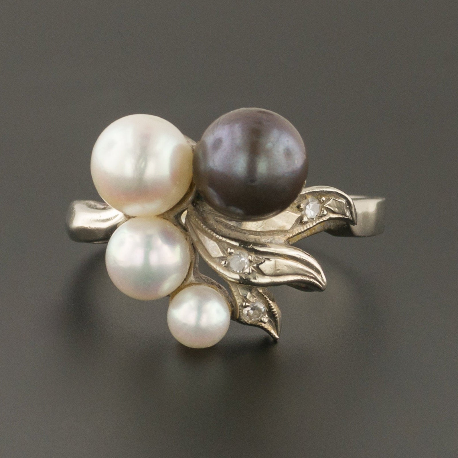 Vintage 14k Gold Pearl & Diamond Ring | Diamond and Pearl Ring | Vintage Pearl Ring | 14k White Gold Ring | Gray and White Pearl Ring