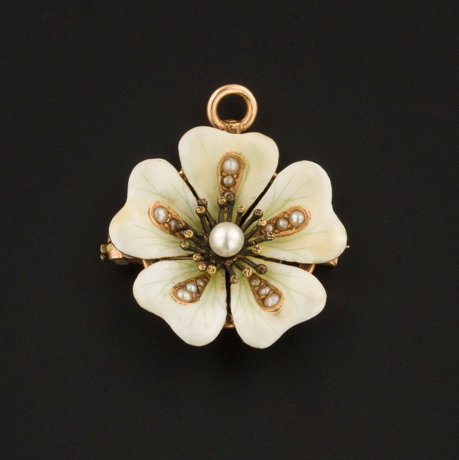 Enamel Flower Pendant | Antique Flower Brooch or Pendant | 14k Gold & Diamond Flower | White Enamel Flower