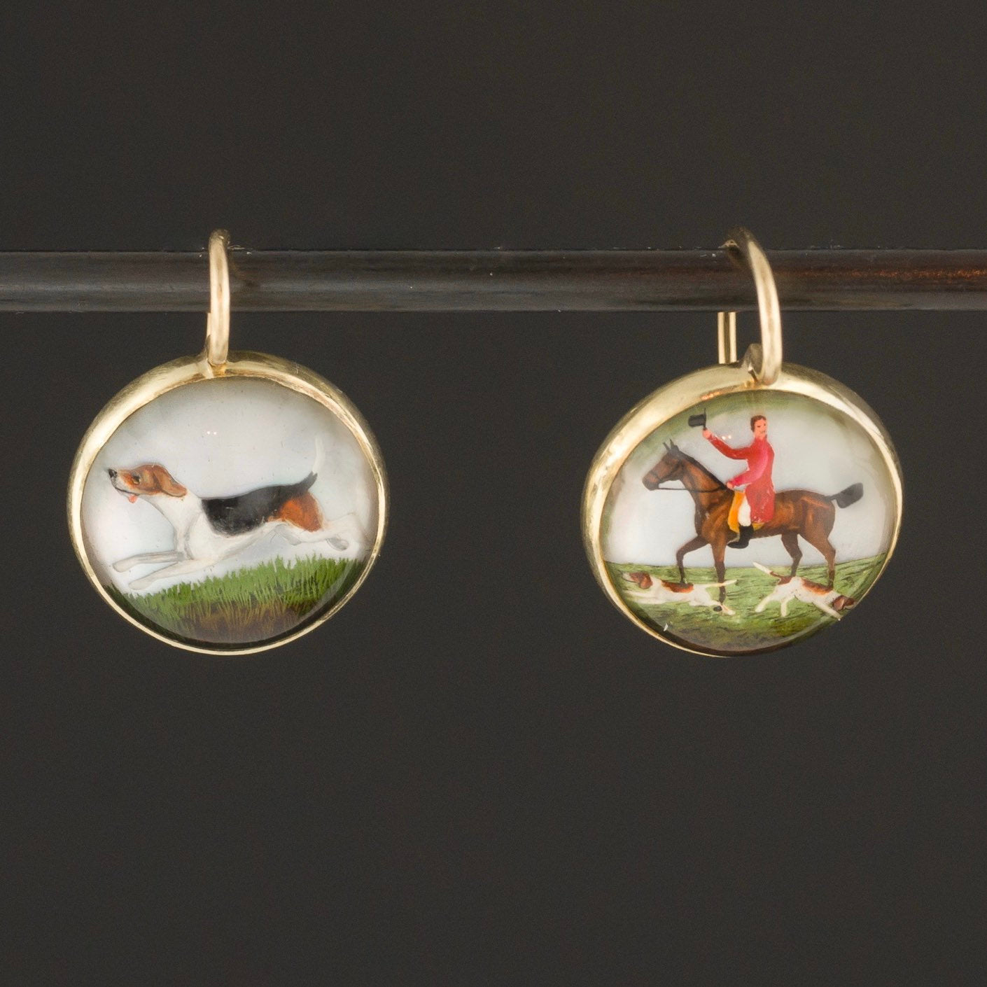 Reverse Painted Crystal Earrings | 14k Gold Earrings | Fox Hunt Scene Earrings | Horse Earrings | Foxhound Earrings