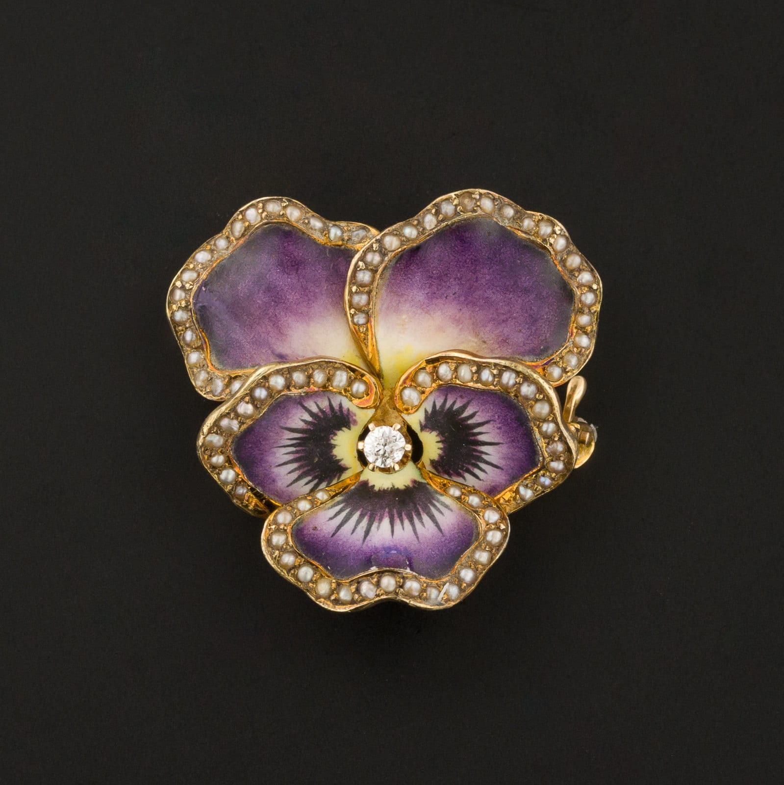 Antique Pansy Brooch | Antique Enamel Pansy with Pearls & Diamond 