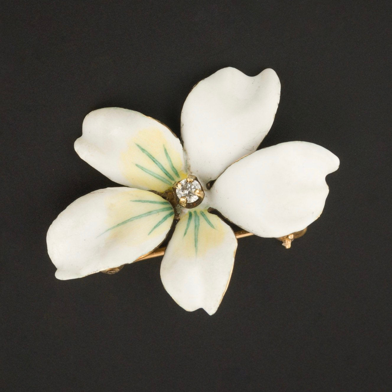White Violet Flower Brooch | Vintage Flower Brooch | 14k Gold Enamel Flower Pin  | Diamond & Enamel Violet Brooch