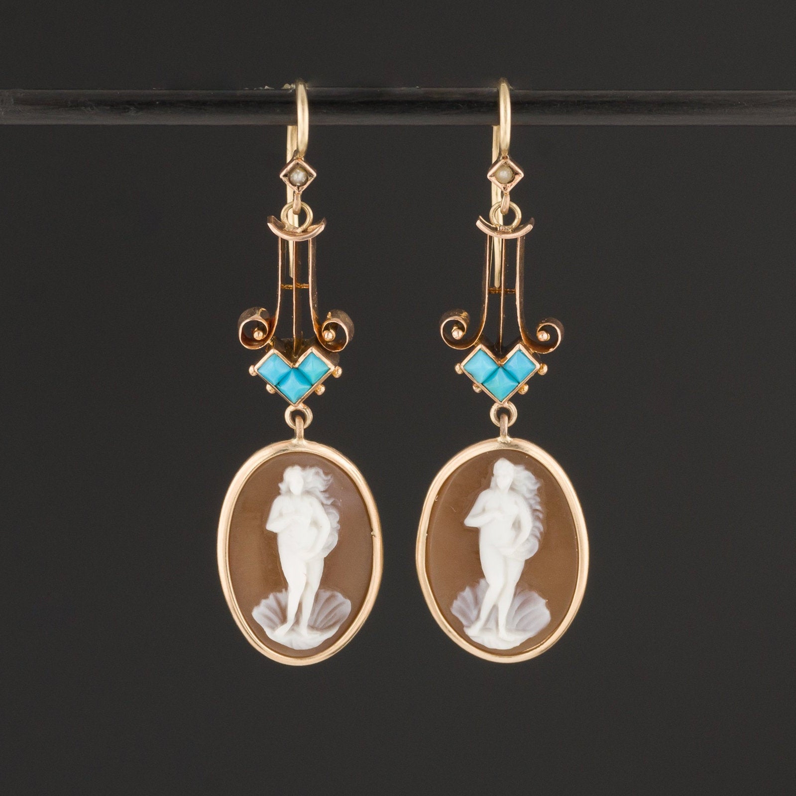 Venus Cameo Earrings | Turquoise & Carved Shell Cameo Earrings | Antique Pin Conversion Earrings | 14k Gold Earrings