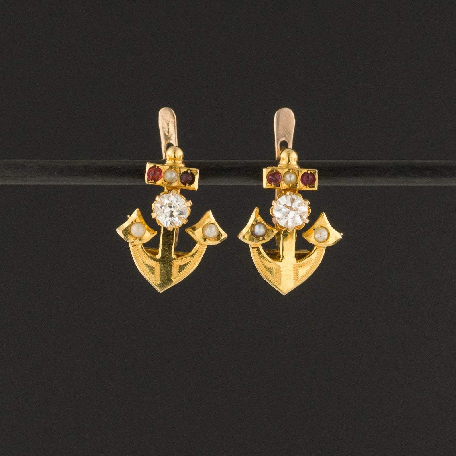 Antique Anchor Earrings | 14k Gold Anchor Earrings with Paste Accents | 14k Gold Earrings