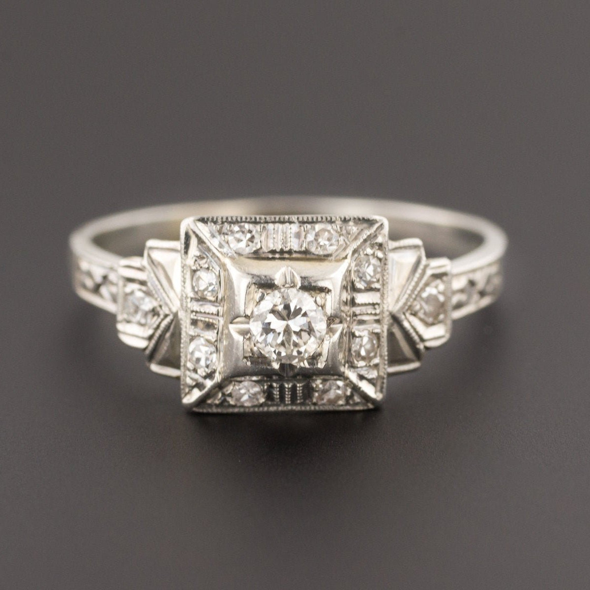 Art Deco Diamond Ring | 18k White Gold Ring-Trademark Antiques
