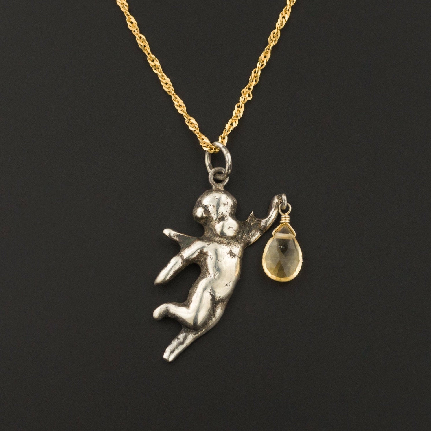 Antique Cherub Pendant | Silver Cherub Pendant with Citrine Briolette on Optional 14k Chain-Trademark Antiques