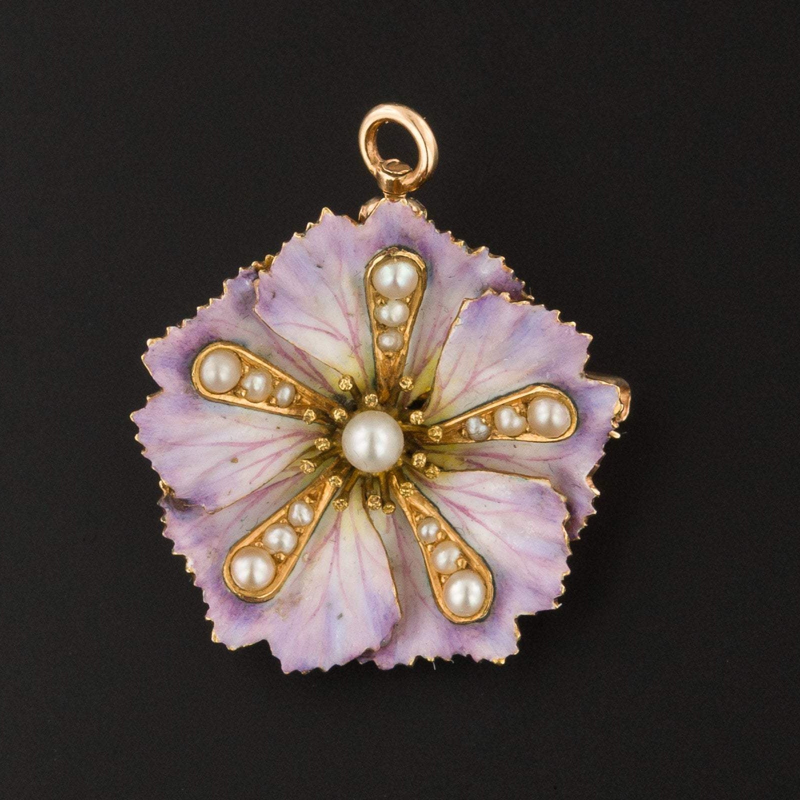 Purple Flower Brooch or Pendant | Antique Enamel Flower | 14k Gold Enamel & Pearl Flower Brooch