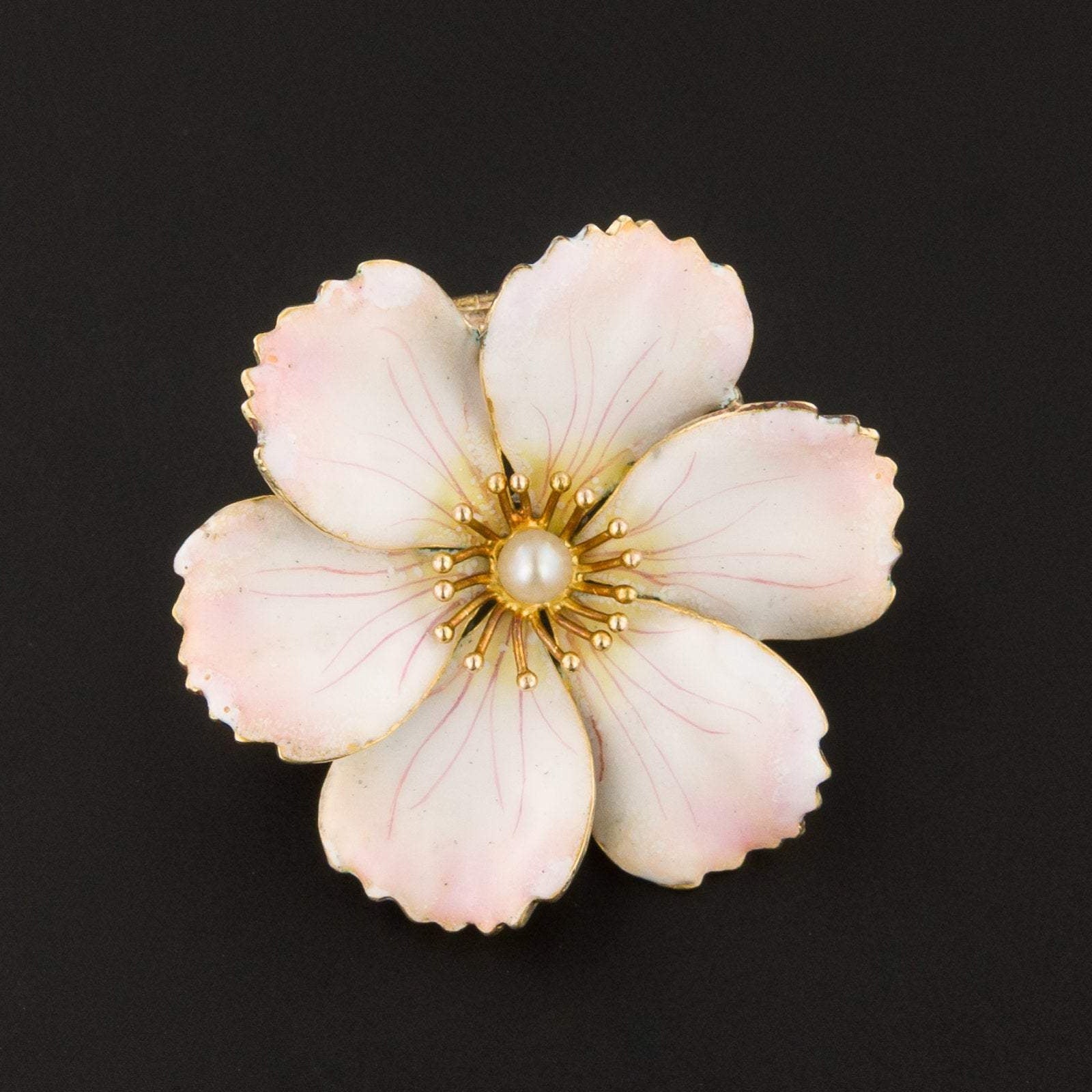 Enamel Flower Pendant | Antique Flower Brooch or Pendant | 14k Gold & Diamond Flower | Pink Enamel Flower