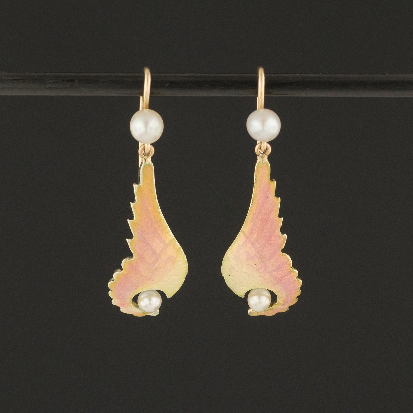14k Gold Enamel Wing Earrings | Antique Pin Conversion Earrings | Pearl & Enamel Earrings | 14k Gold Earrings | Dangle Earrings