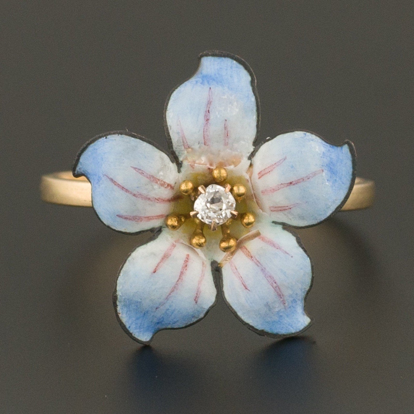 14k Gold Enamel and Diamond Flower Ring | Antique Pin Conversion Ring-Trademark Antiques