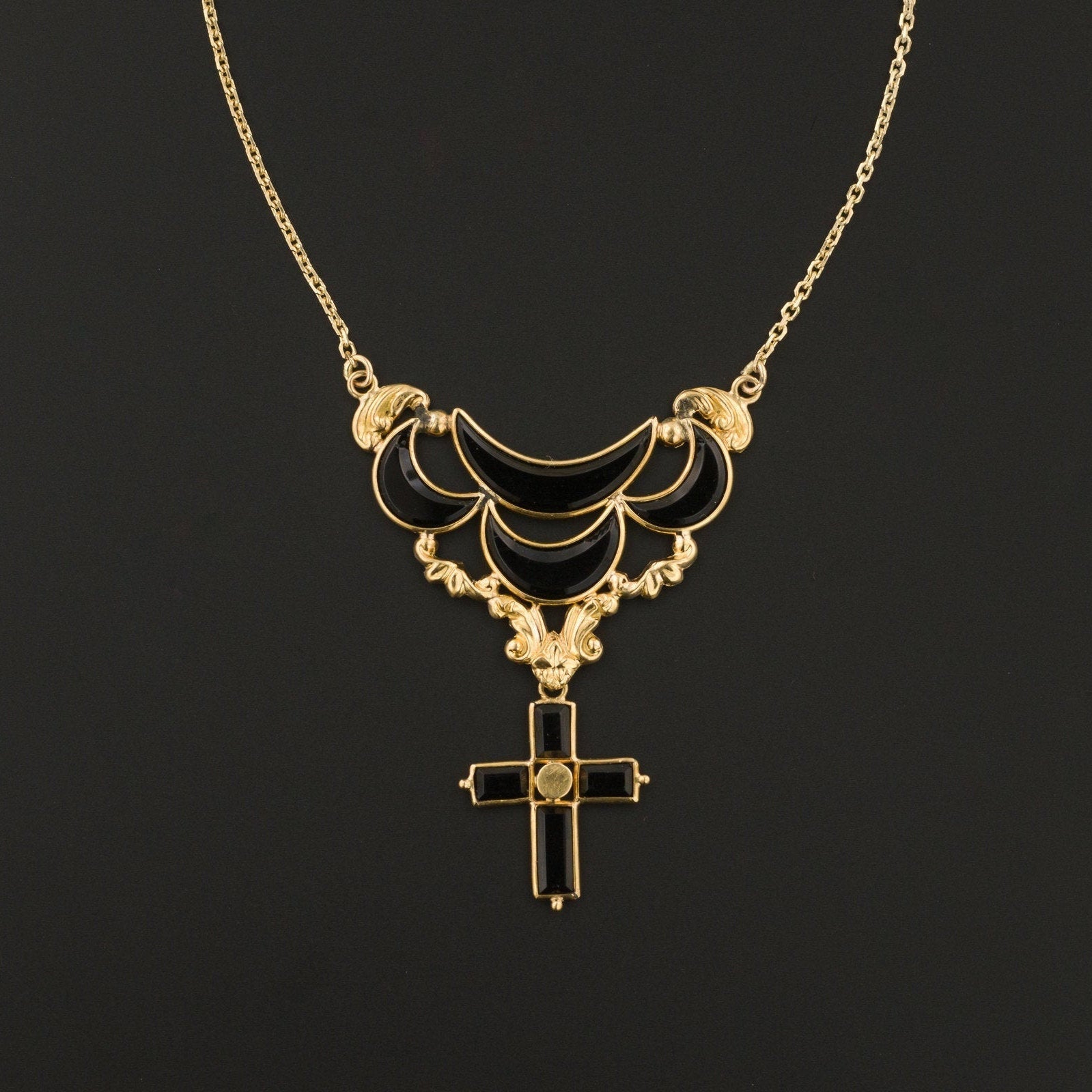 Antique Onyx Cross Necklace | 10k Gold Onyx Drop on 14k Gold Chain | Antique Cross | Religious Gift