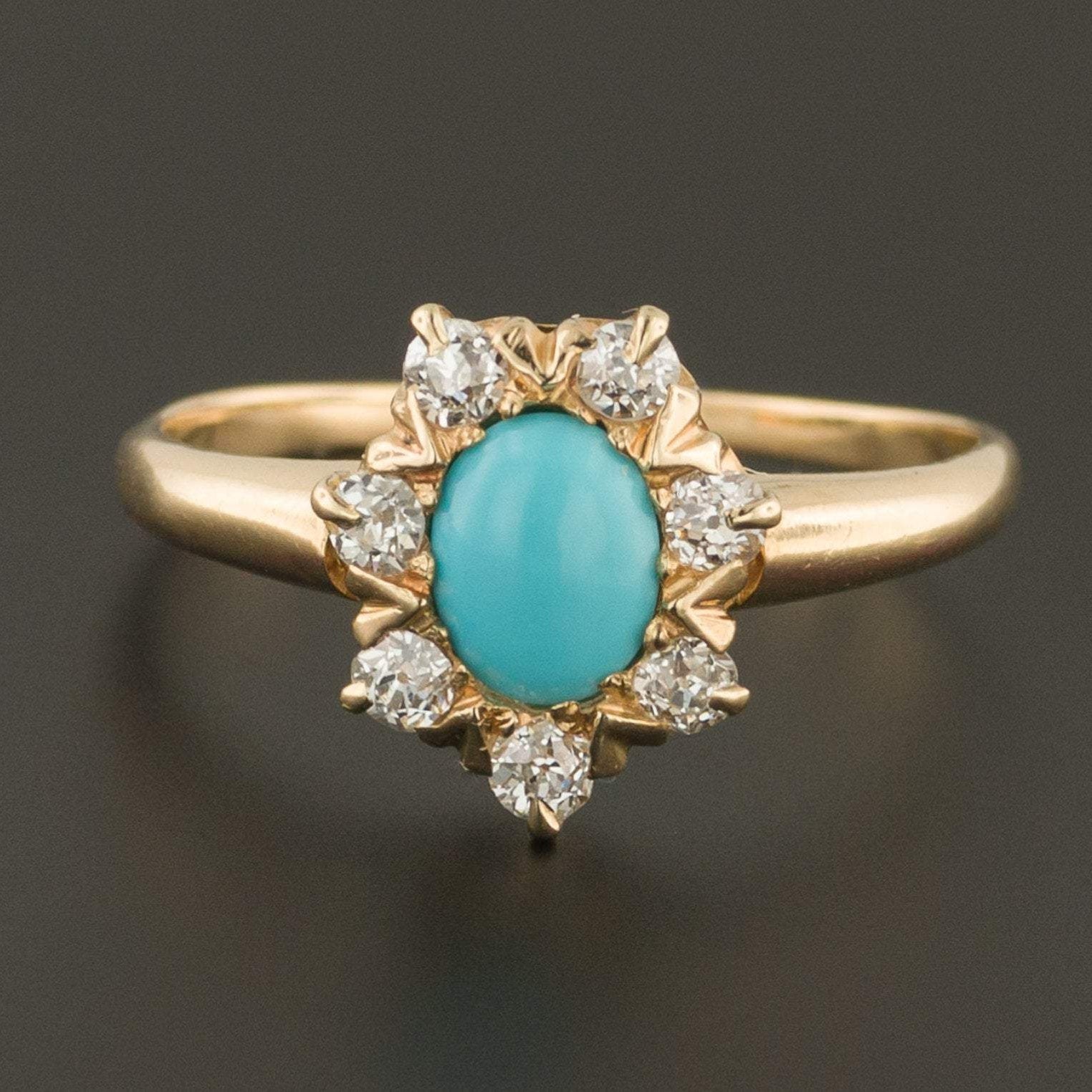 Antique Turquoise & Diamond Ring | 14k Gold Ring | Antique Ring | Antique Turquoise Ring | December Birthstone Ring