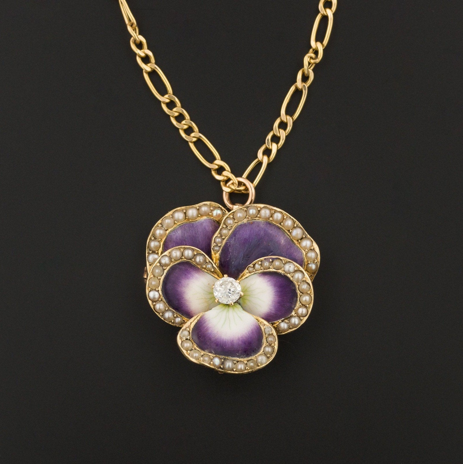Art Nouveau Enamel Pansy Pendant or Brooch  | 14k Gold Enamel & Diamond Pansy Pendant or Brooch on Optional 10k Chain 