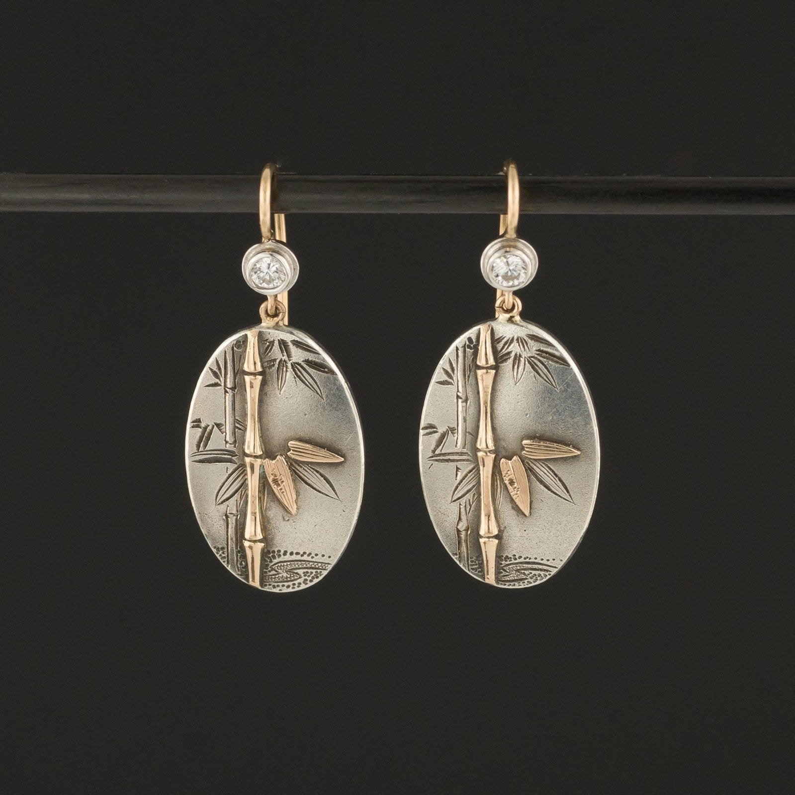 14k Rose Gold & Silver Earrings| Japanese Bamboo Earrings-Trademark Antiques