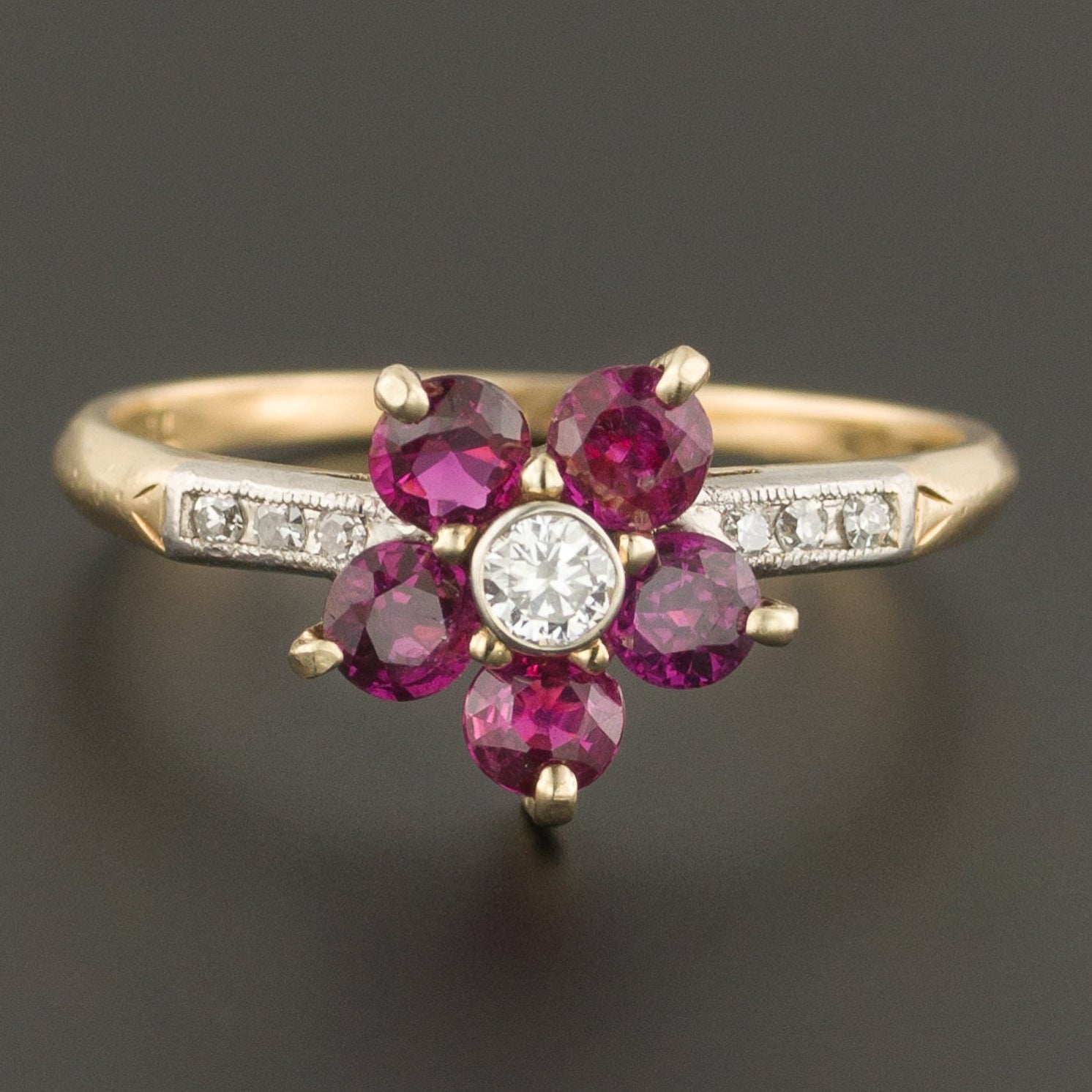 Ruby & Diamond Flower Ring | Ruby Ring | Palladium Topped 14k Gold Ring | Vintage Ring | Flower Ring