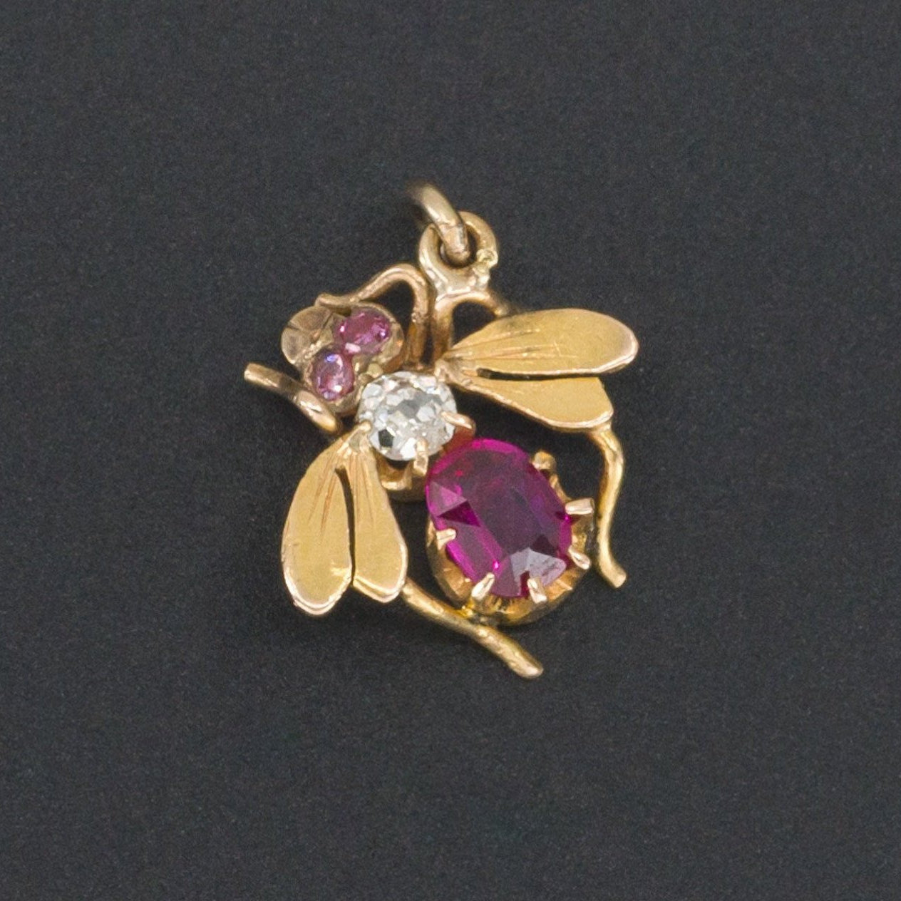 Insect Charm | Vintage Bug or Fly Charm | 14k Gold Ruby & Diamond Charm | Pin Conversion | 14k Gold Charm