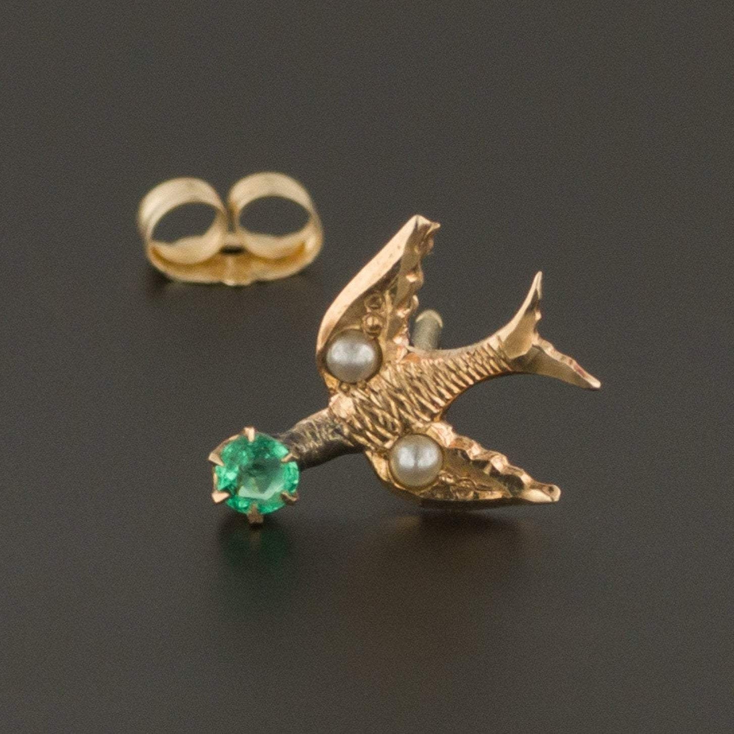 Bird Earring | Single Stud Earring | Antique Pin Conversion | 10k Gold Earring with Pearls & Green Glass