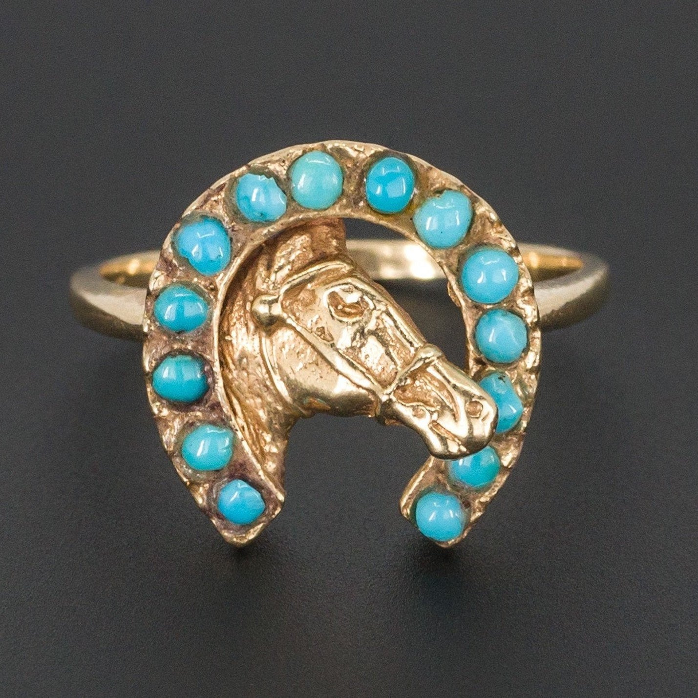 14k Gold & Turquoise Horse and Horseshoe Ring | Lucky Horseshoe Ring-Trademark Antiques