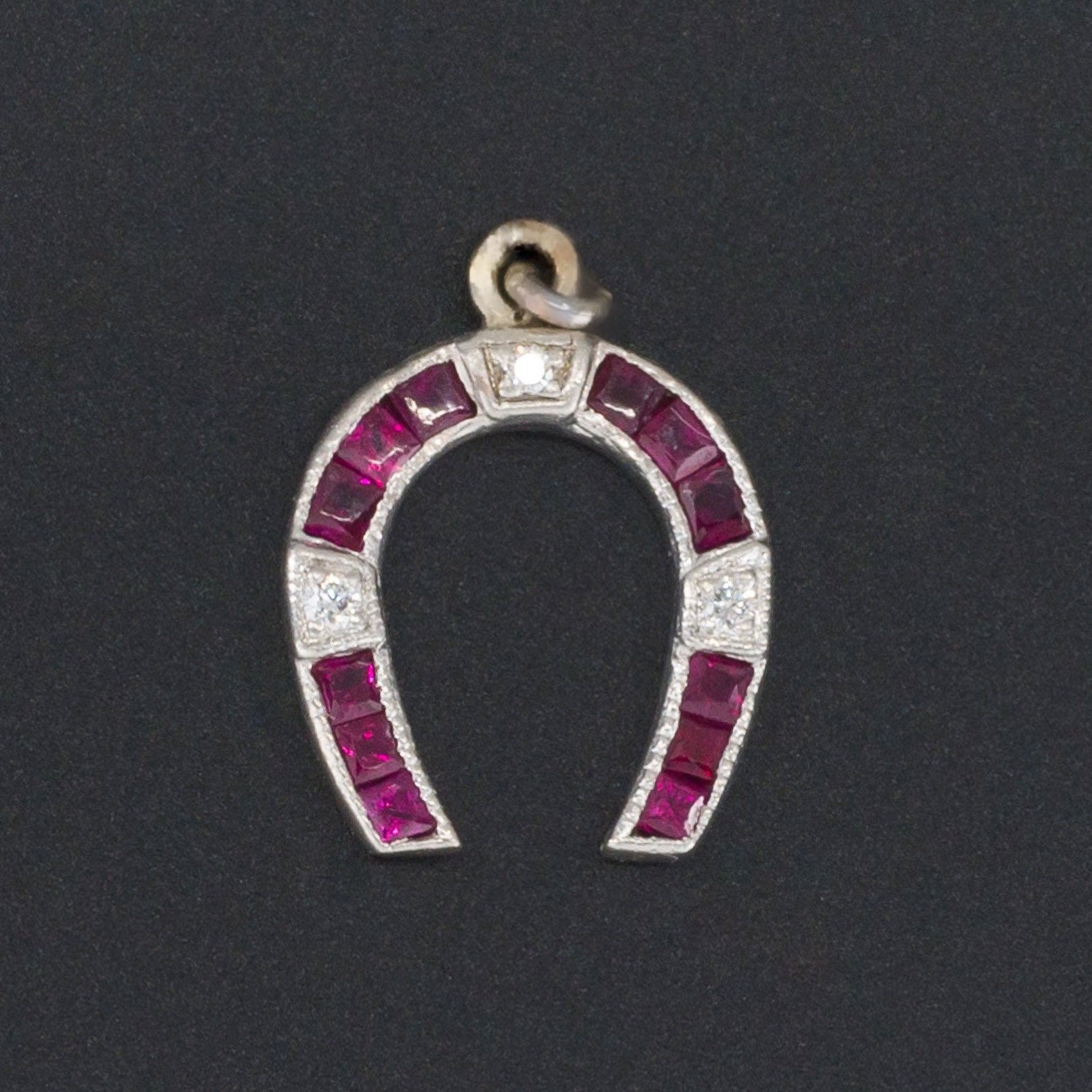 Horseshoe Charm | Platinum Diamond & Ruby Horseshoe Charm | Platinum Charm | Vintage Diamond Charm