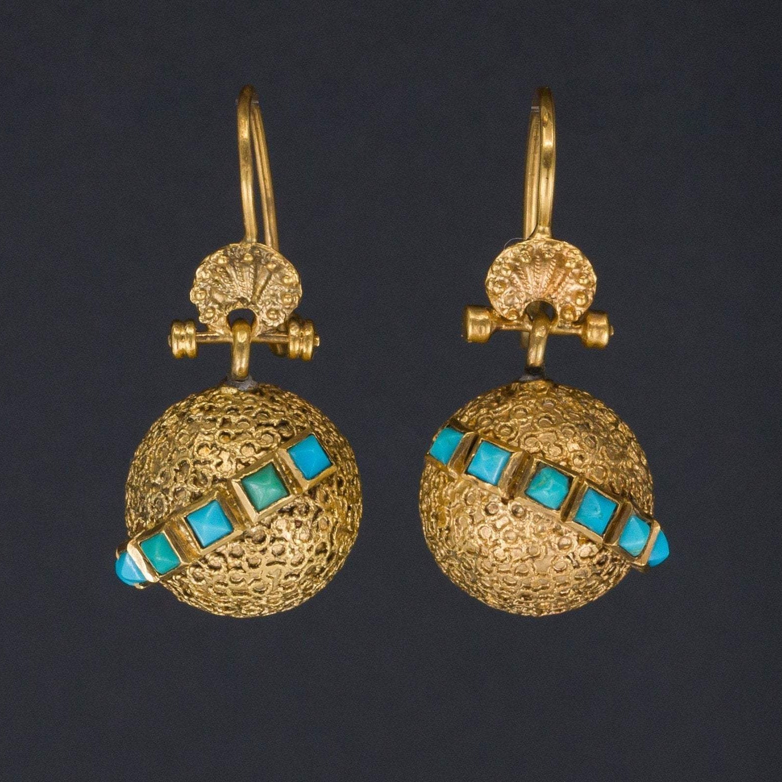 Victorian Earrings | Antique Turquoise & 14k Gold Earrings | Gold Ball Earrings | Antique Earrings | Turquoise Earrings