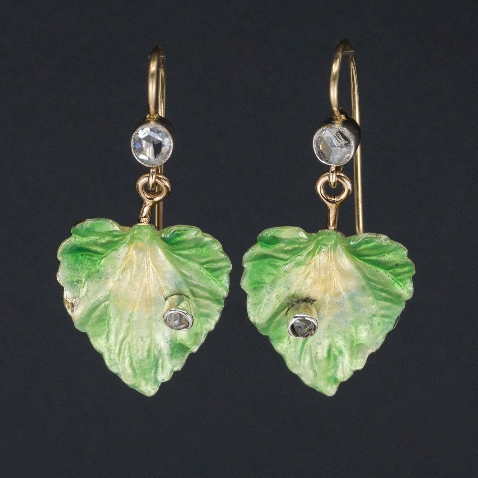 14k Gold Enamel Leaf Earrings | Antique Pin Conversion Earrings | Diamond Leaf Earrings | 14k Gold Earrings | Dangle Earrings