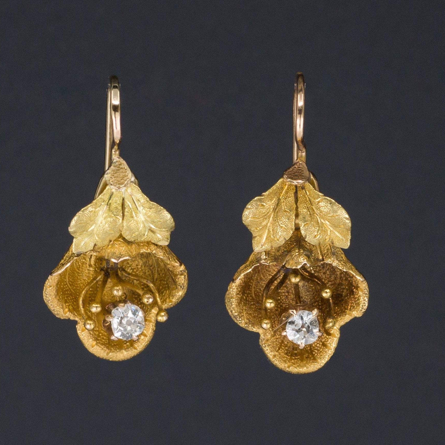 Diamond Flower Earrings | Antique Flower Earrings | 14k Gold Flower Earrings | Bridal earrings