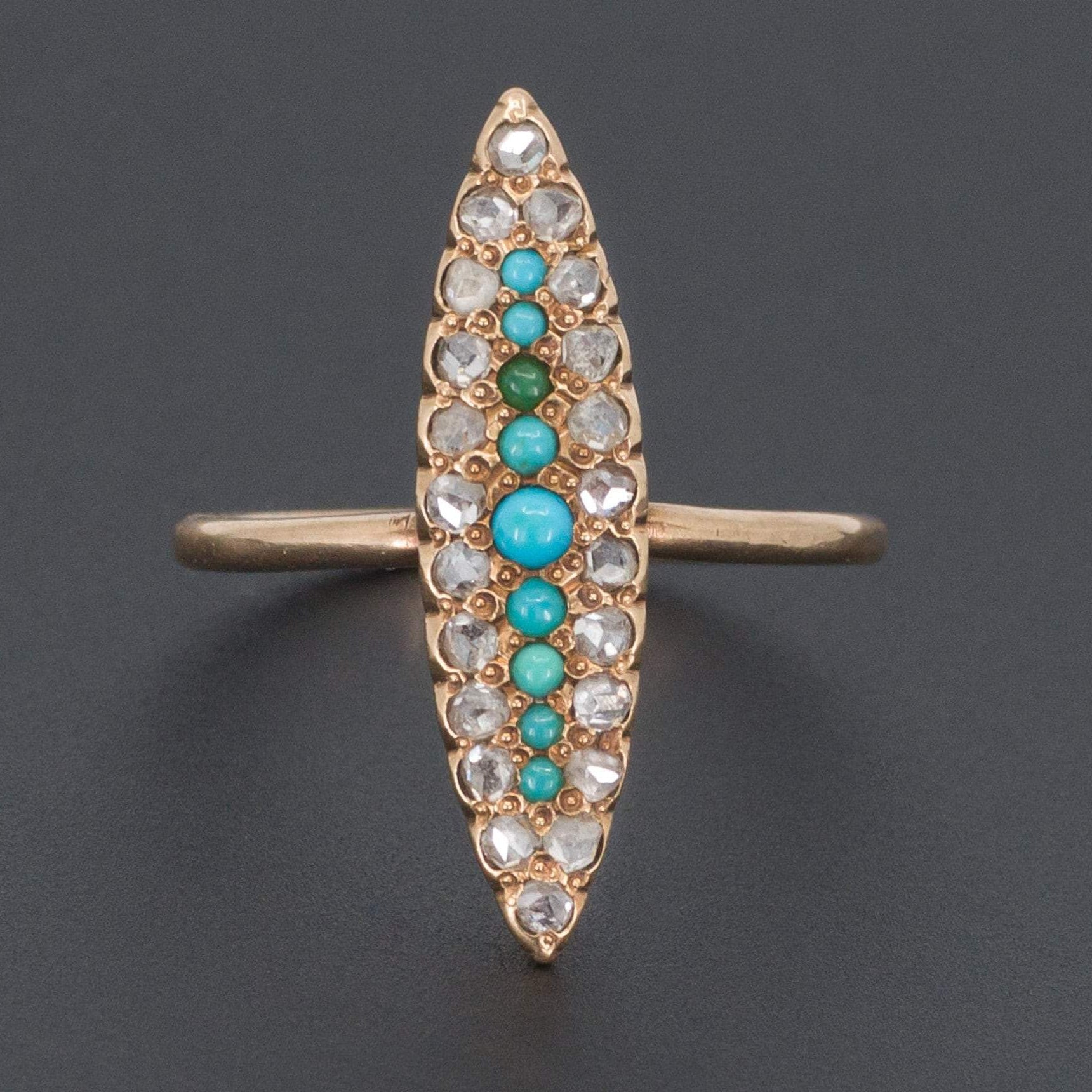 Antique Turquoise Glass & Diamond Ring | Antique 14k Gold Navette Ring 